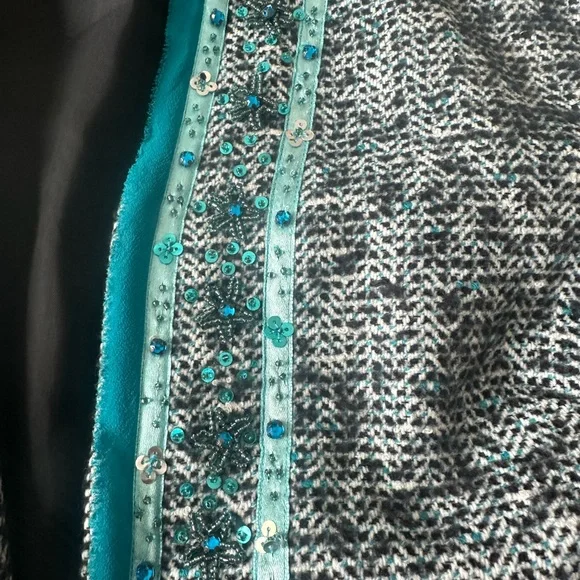 Women’s Boston Proper Tweed Blazer Turquoise Color Sequin Beaded Trim Size 8 - Picture 9 of 11